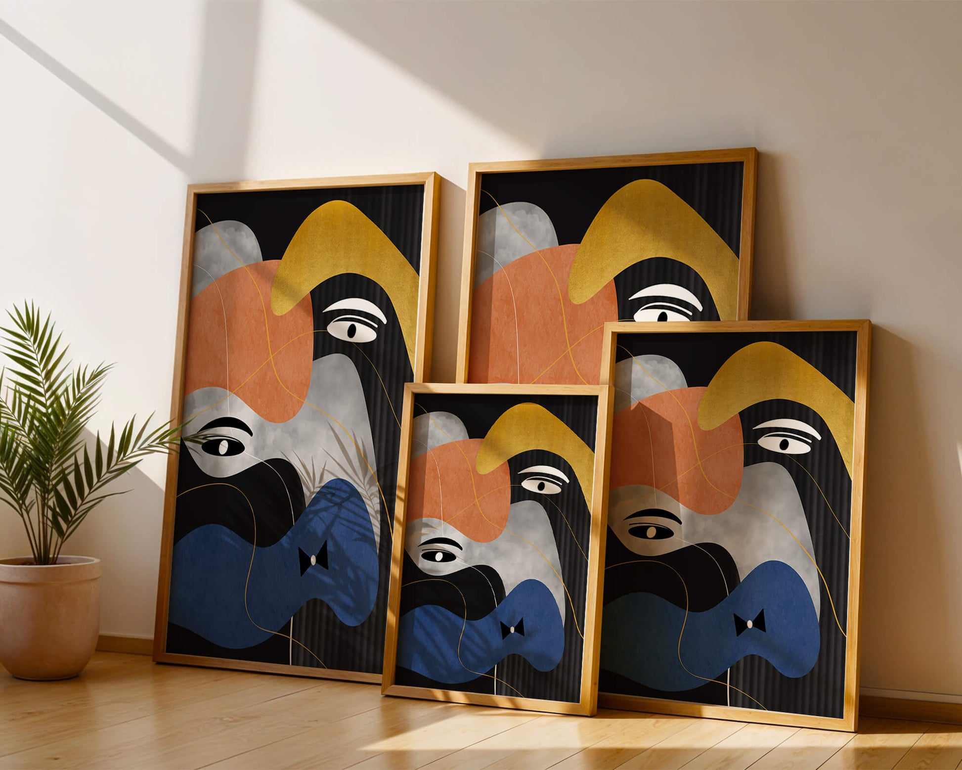 Abstract geometric art with bold colors and gold accents