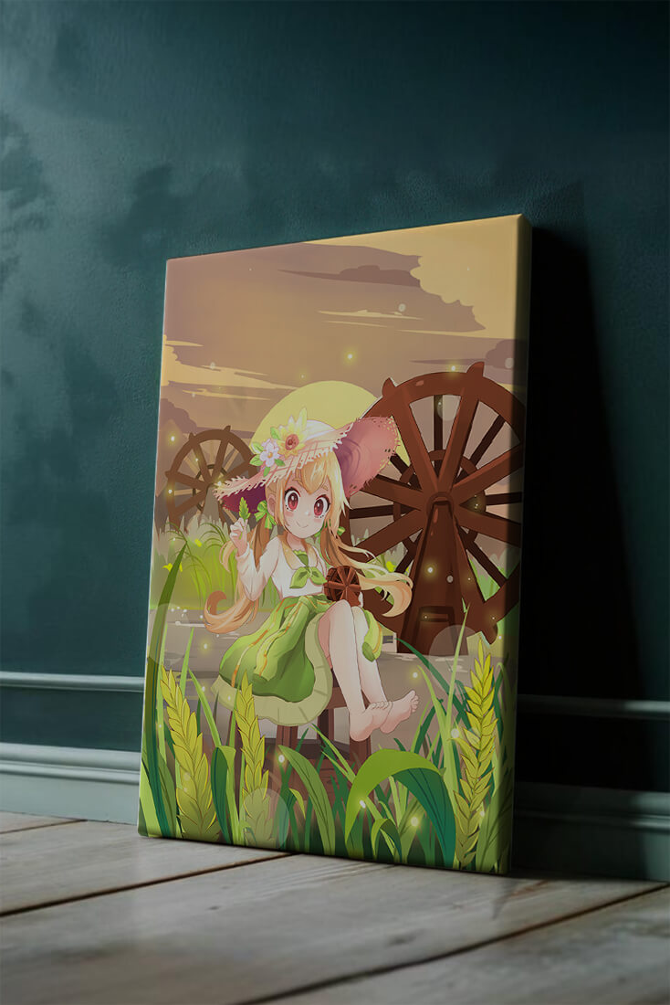 Enchanted countryside scene with a cute character and vibrant nature
