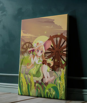 Enchanted countryside scene with a cute character and vibrant nature