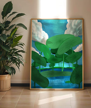 Serene landscape with lush green leaves and blue horizon