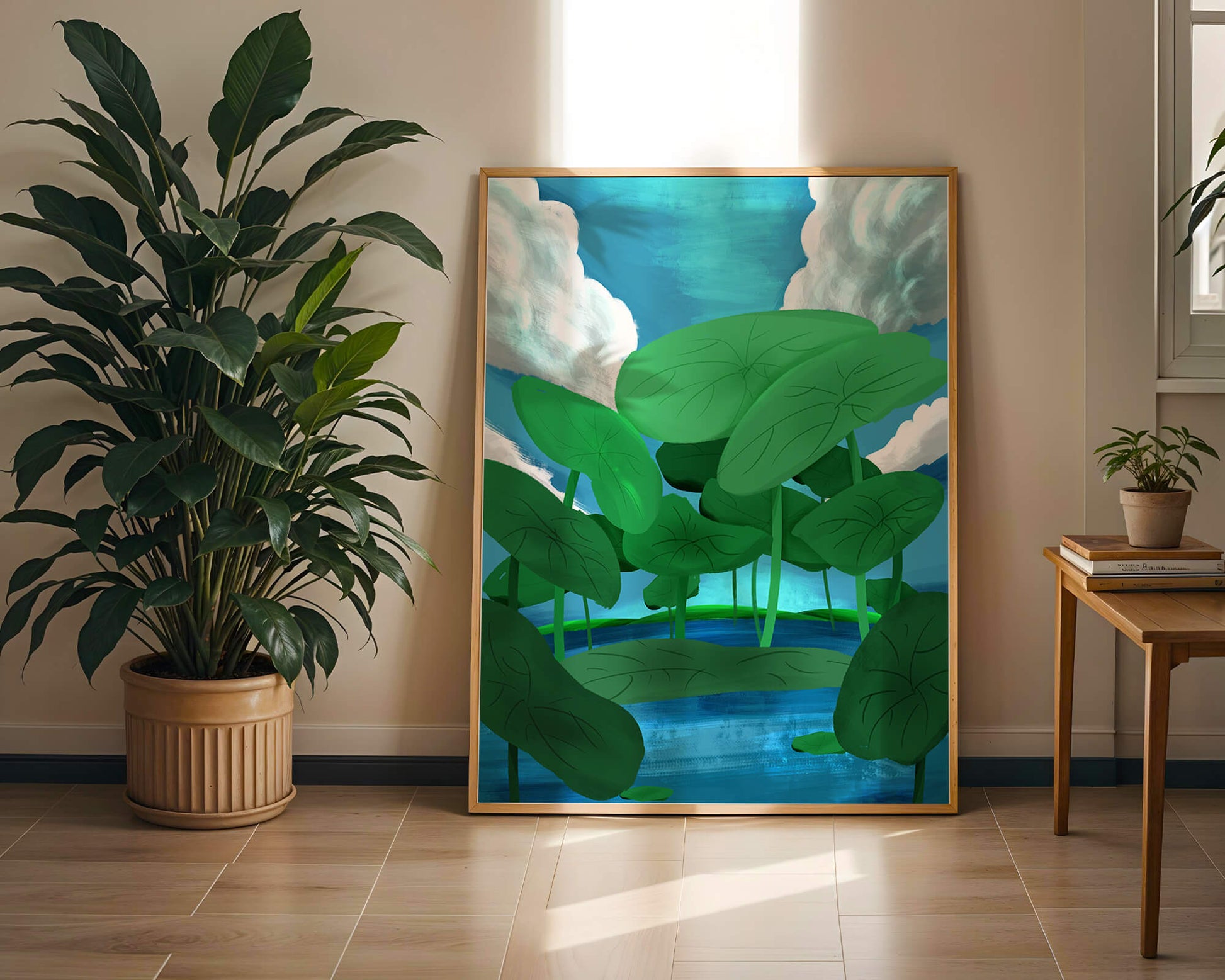 Serene landscape with lush green leaves and blue horizon