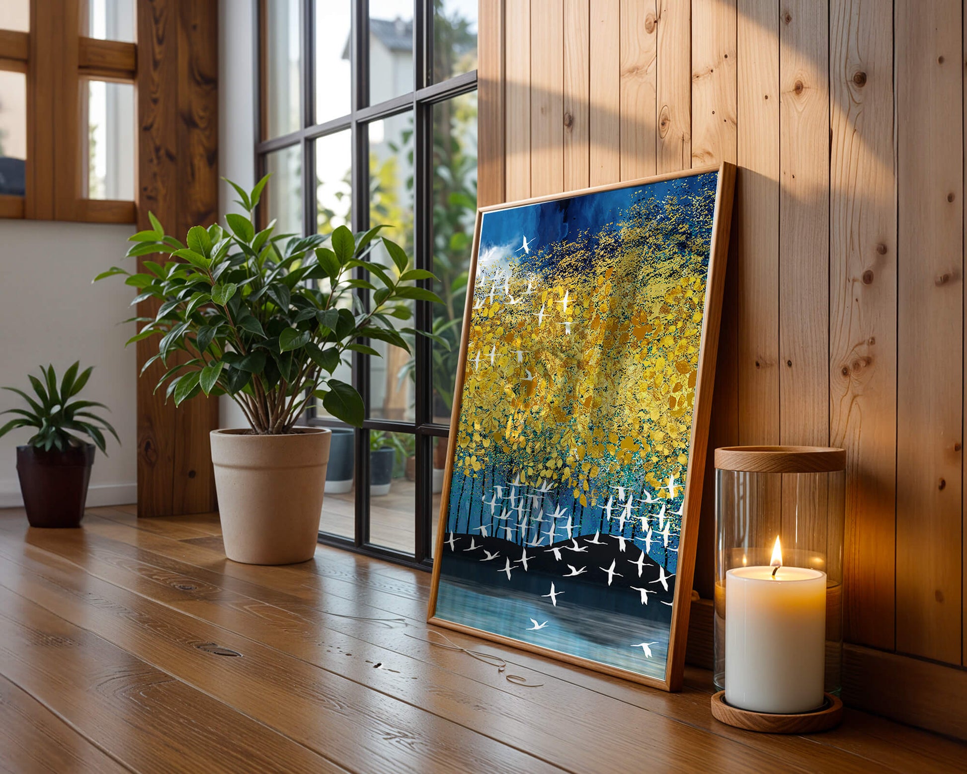 Paisaje abstracto con follaje dorado y pájaros volando
