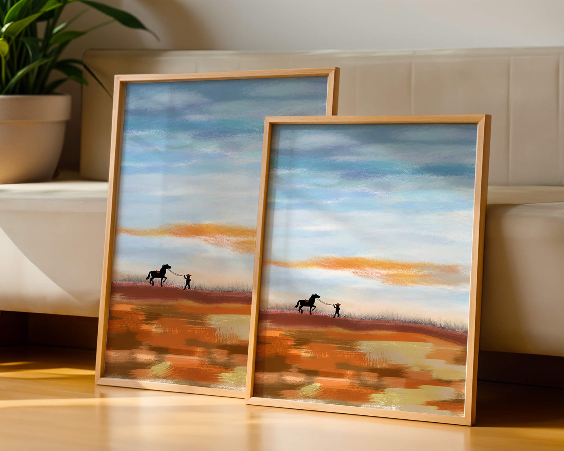 Serene landscape with cowboy and horse under vast sky