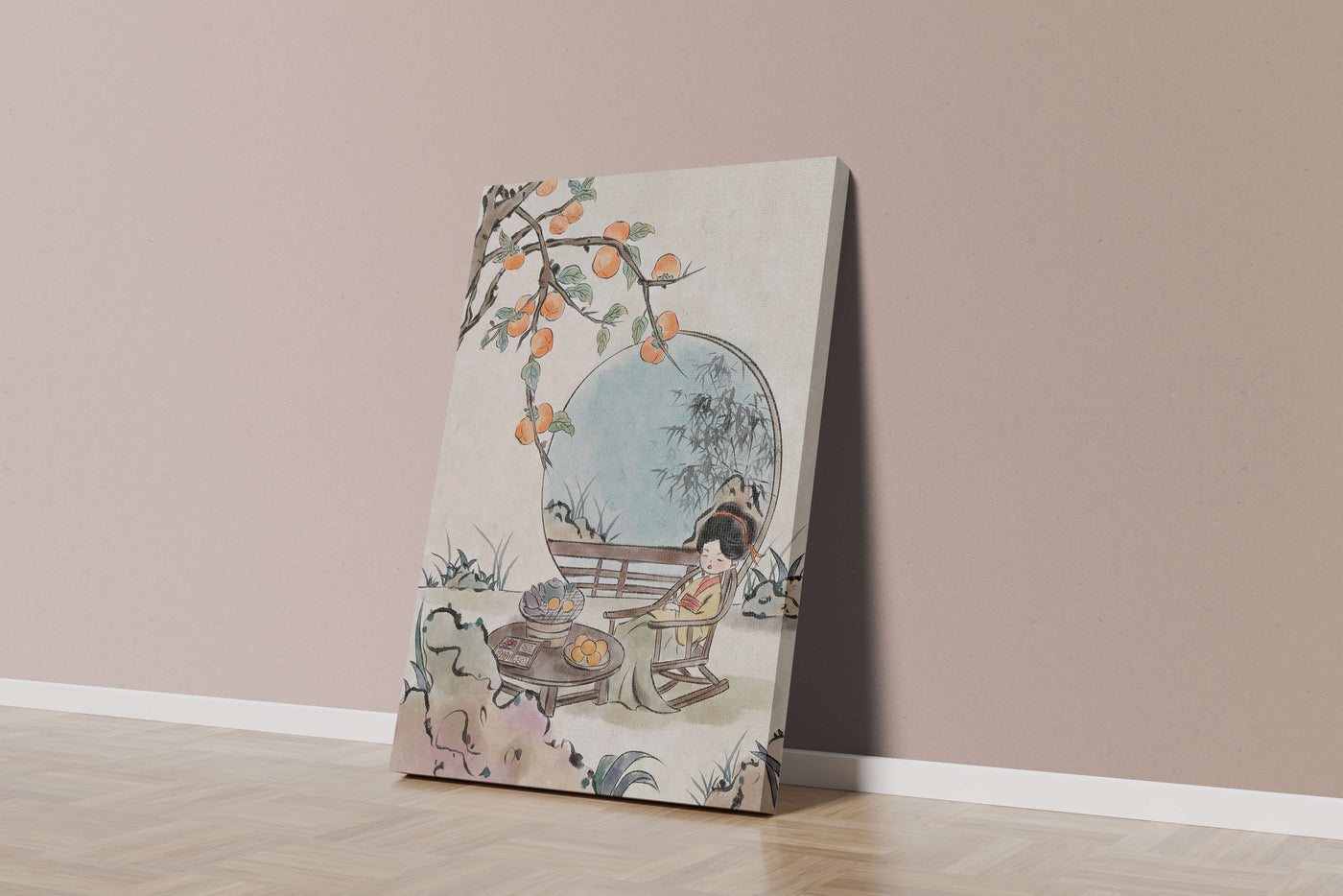 Tranquil garden scene with persimmons and serene figure