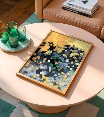 Abstract art with gold and colorful brushstrokes