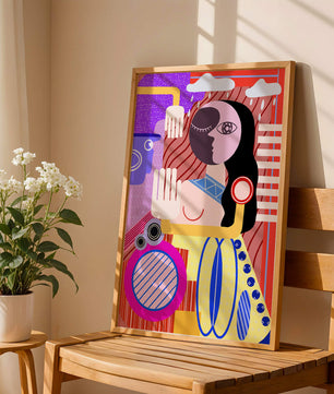 Abstrakte geometrische Kunst mit einer weiblichen Figur in leuchtenden Farben