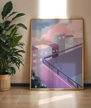 Urban Pastel Scene with Buildings and Pink Clouds