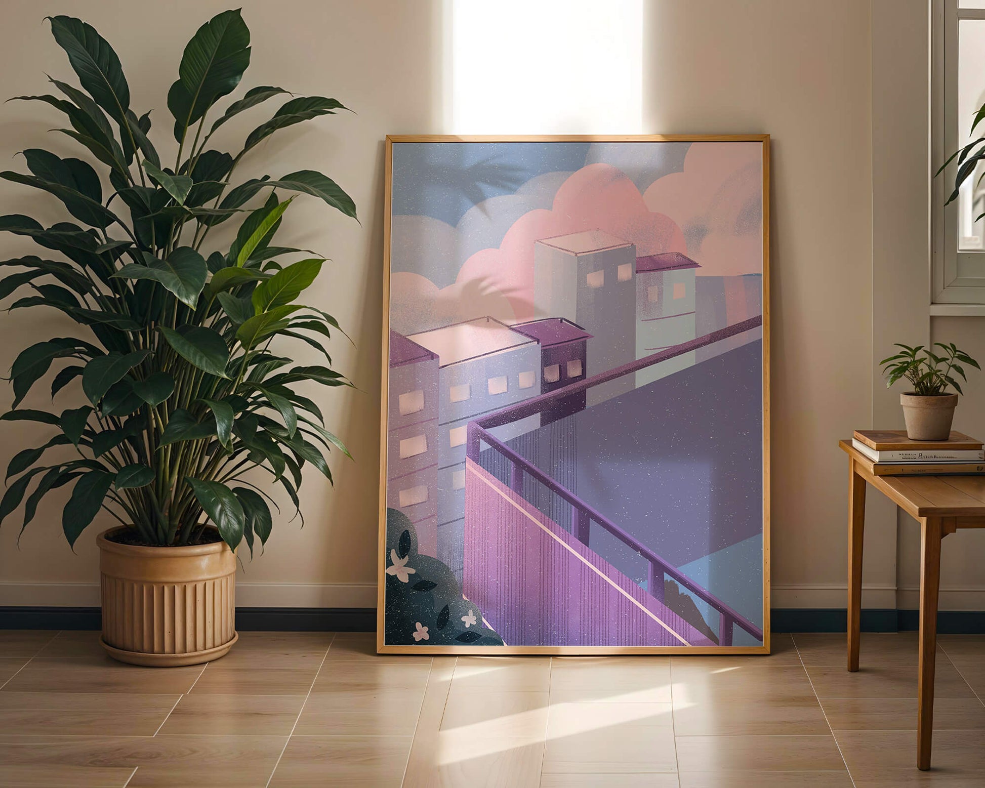 Urban Pastel Scene with Buildings and Pink Clouds