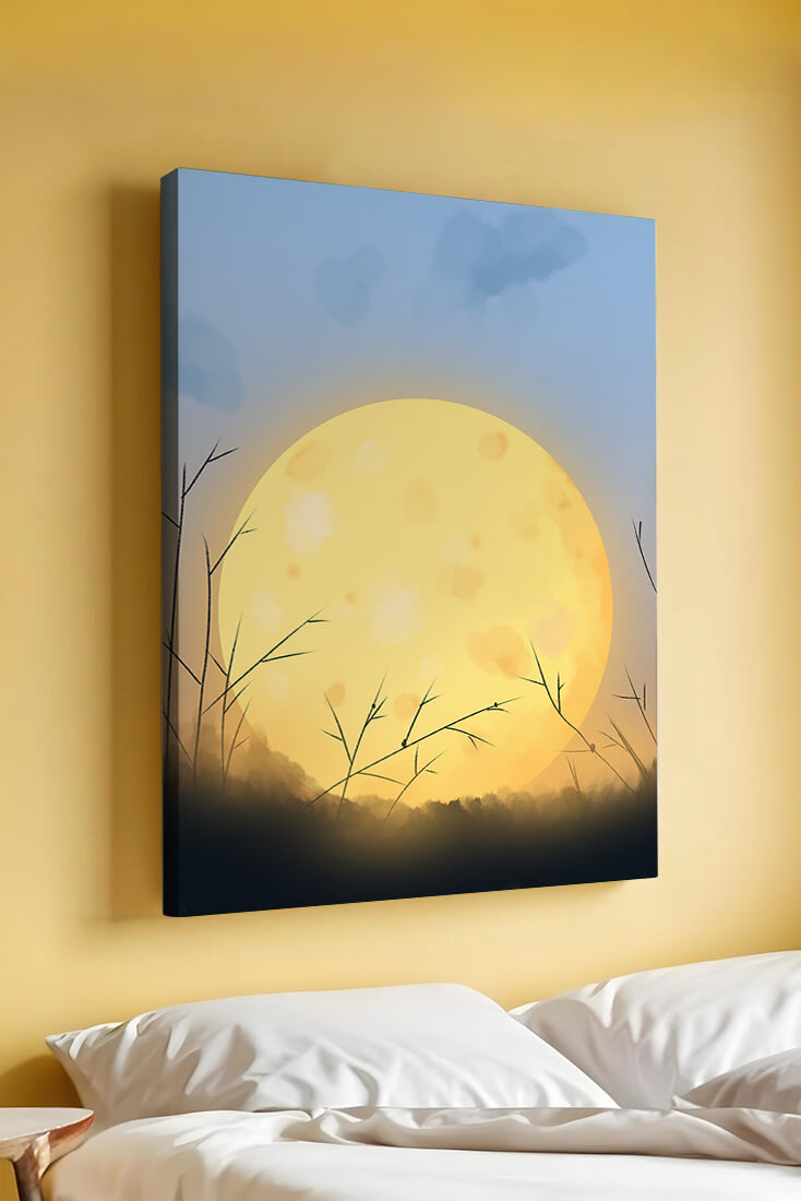 Paisaje sereno de una luna llena brillante contra un cielo crepuscular con hierba en silueta