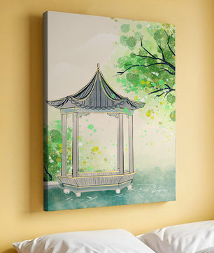 Serene garden pavilion amidst lush green trees and calm waters