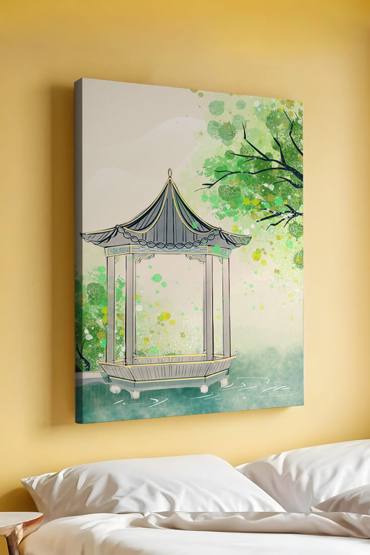 Serene garden pavilion amidst lush green trees and calm waters
