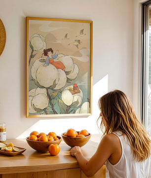 Illustration d'une fille sur des fleurs géantes avec des oiseaux volants et de la nourriture