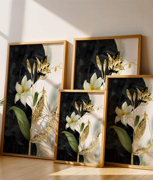 Diseño floral abstracto con detalles dorados y oscuros