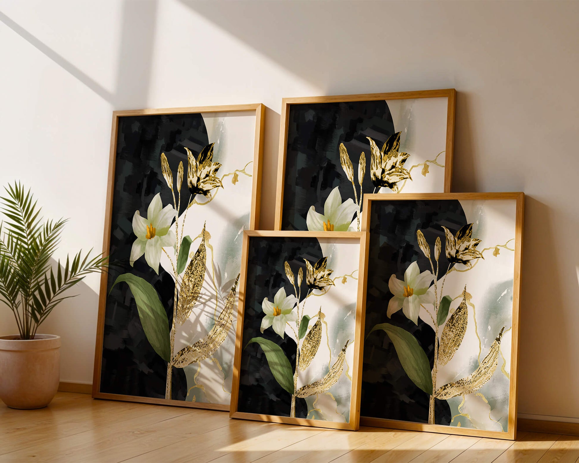 Diseño floral abstracto con detalles dorados y oscuros
