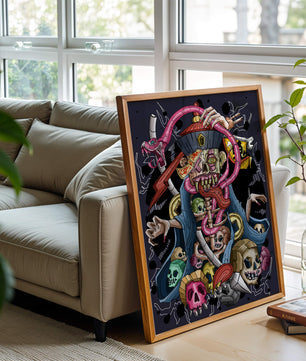 Colorful skeleton with skulls and snake illustration