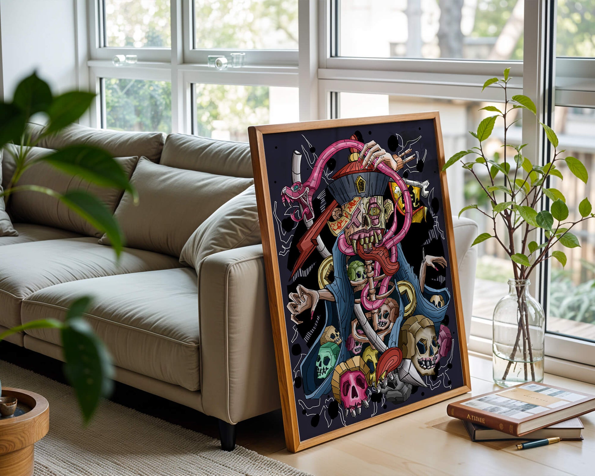 Colorful skeleton with skulls and snake illustration
