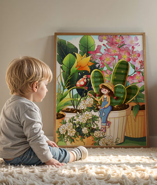 Charmante scène de jardin avec une jeune fille et des fleurs éclatantes