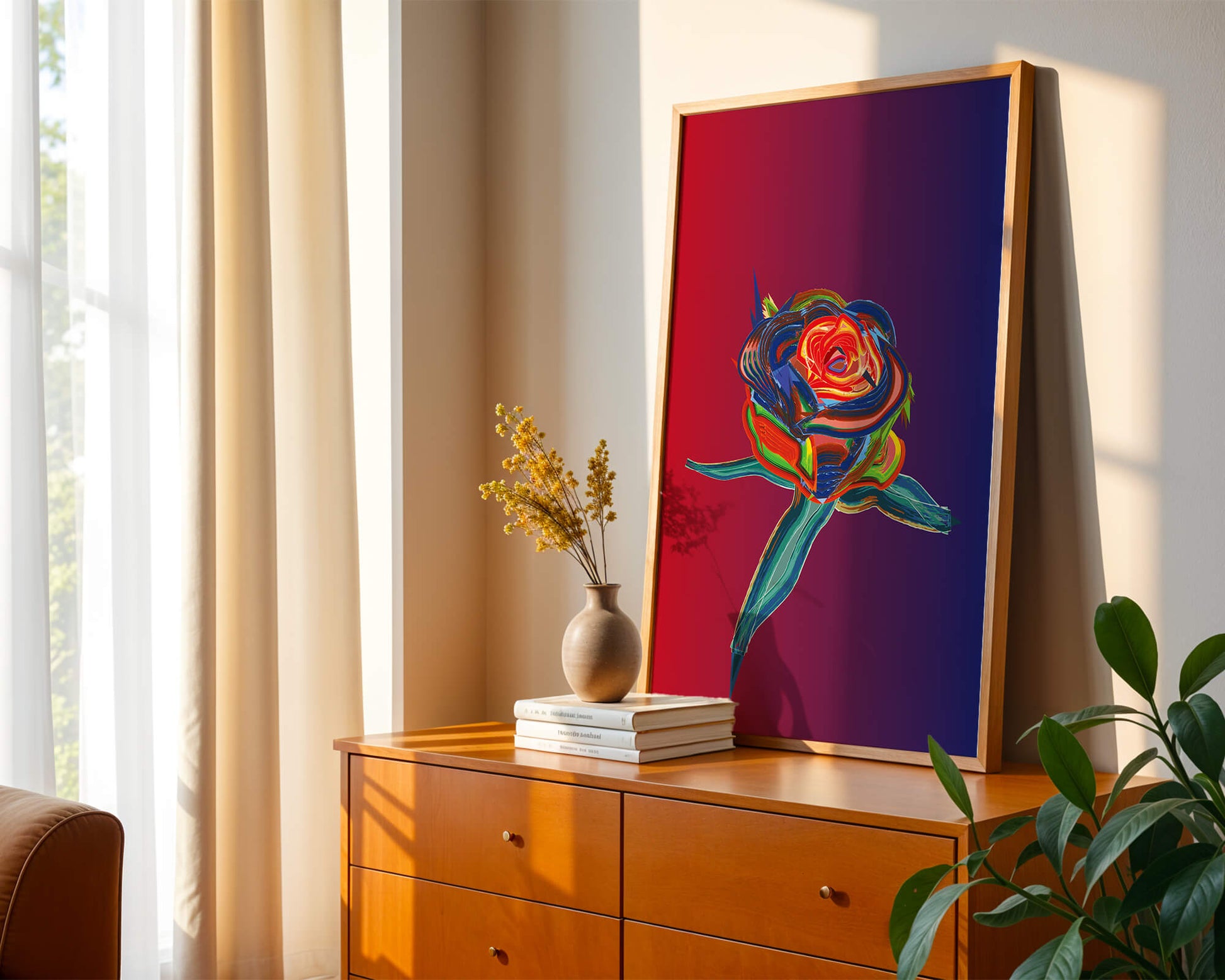 Rosa abstracta vibrante con colores dinámicos sobre fondo degradado
