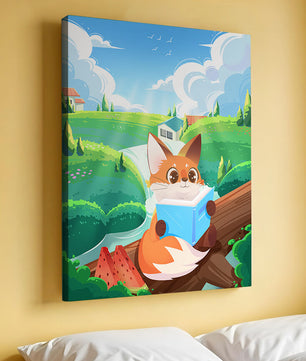 Fox Reading a Book in Scenic Green Landscape with Watermelon Slices