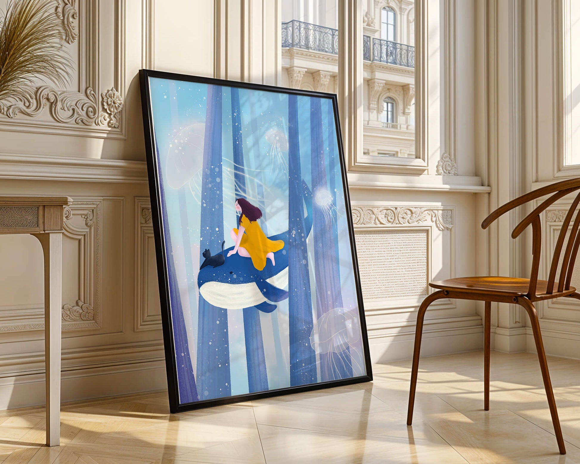 Dreamlike scene with girl, cat, and whale in an ethereal ocean