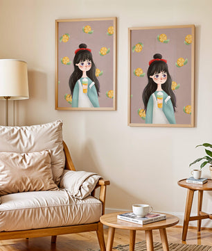 Illustration of a girl with a beverage surrounded by citrus slices