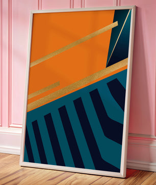 Moderne geometrische Abstraktion mit goldenen Elementen und kräftigen Farben 