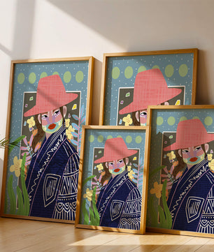 Retrato colorido con patrones y elementos abstractos
