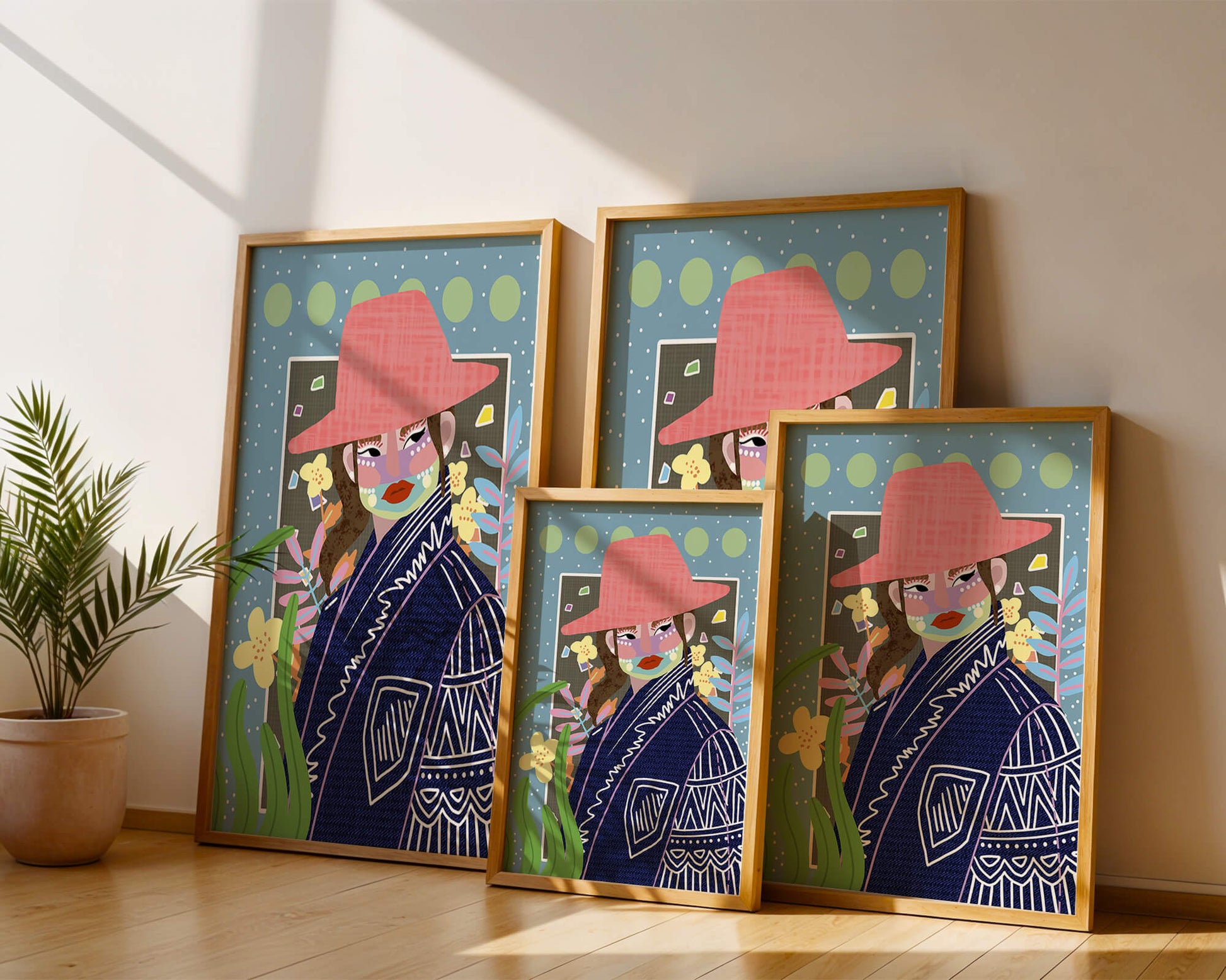 Retrato colorido con patrones y elementos abstractos