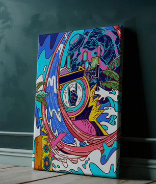 Vibrant abstract art with waves and neon elements