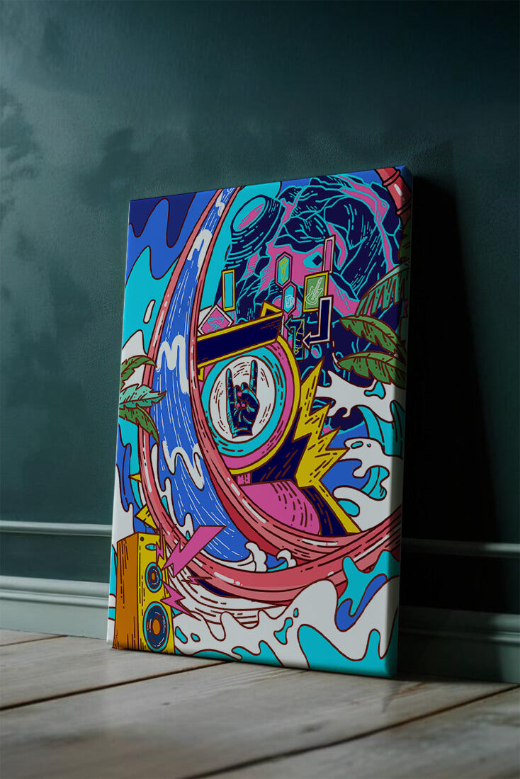 Vibrant abstract art with waves and neon elements