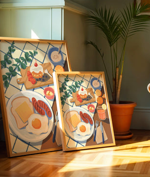 Escena de desayuno colorida con comida y bebida