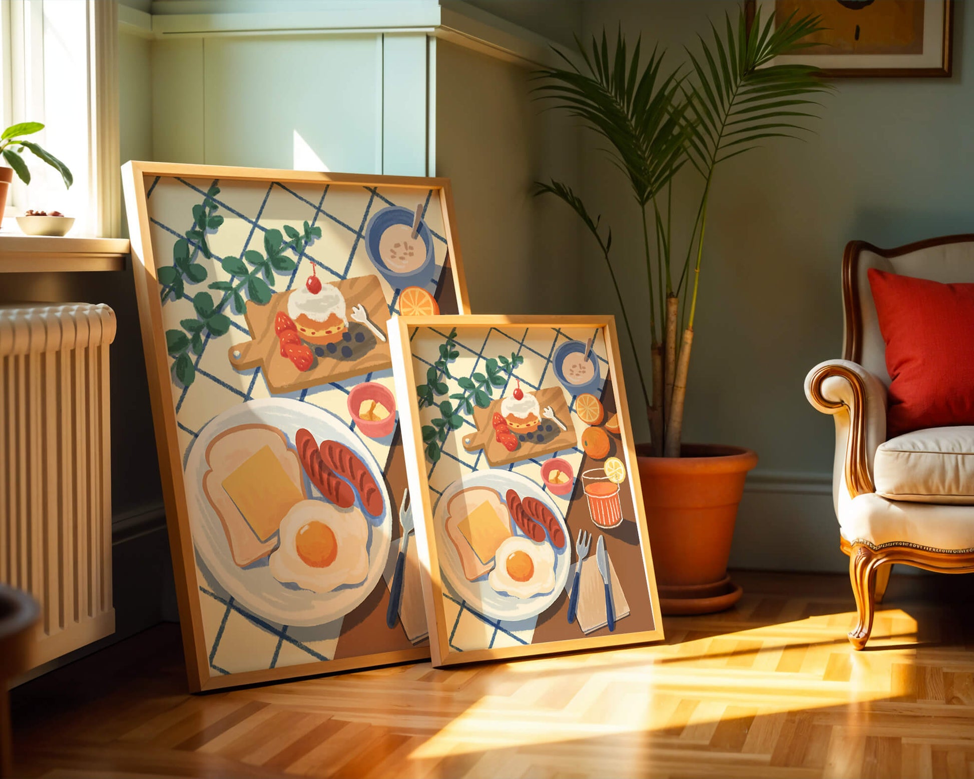 Escena de desayuno colorida con comida y bebida