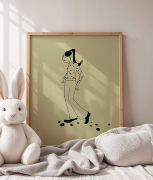 Illustration d'une personne marchant en chemise à pois avec une queue de cheval