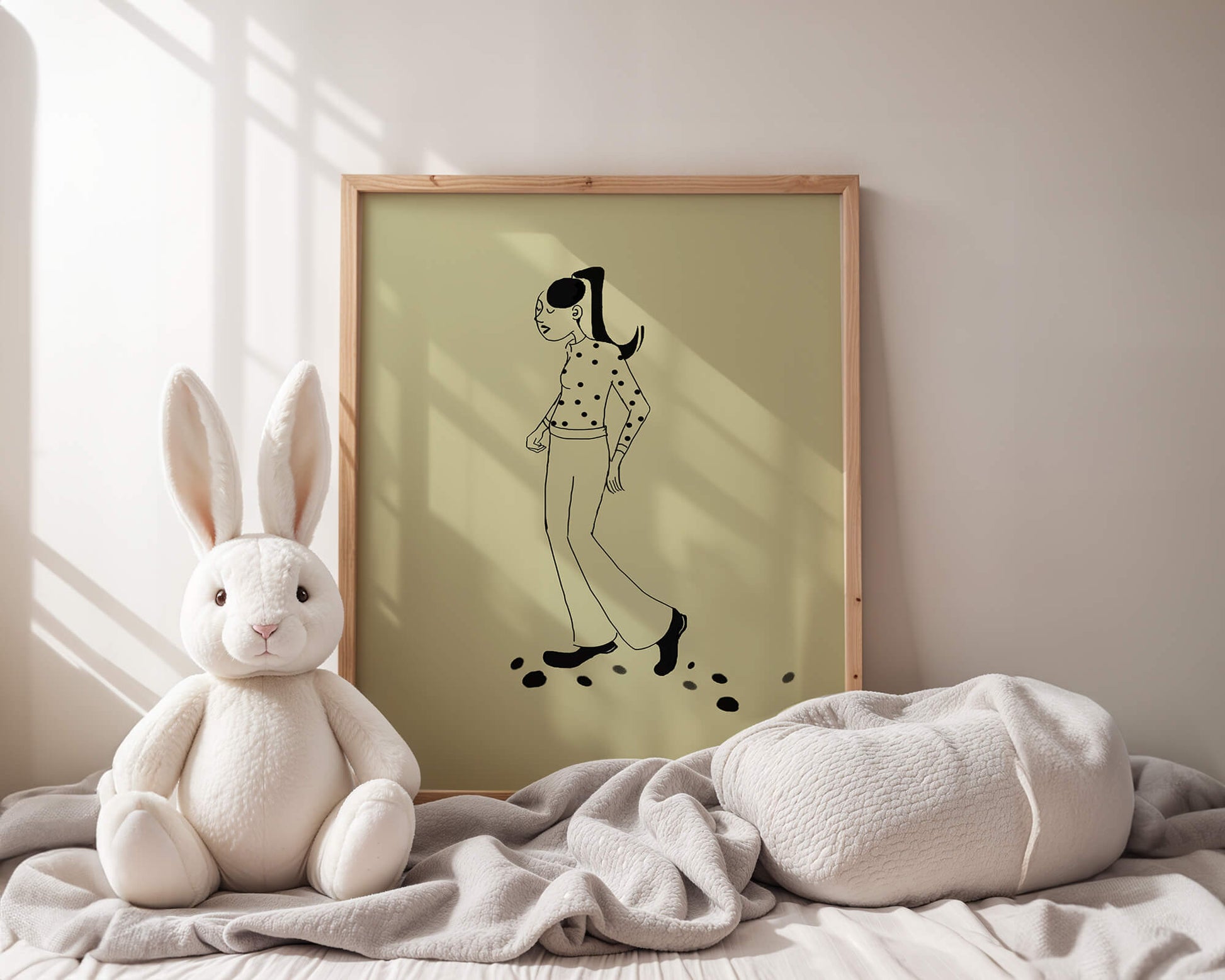 Illustration of a person walking in a polka dot shirt with ponytail