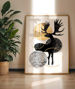 Zeitgenössische Elch-Silhouette-Kunst mit goldenen Akzenten und Marmorstruktur