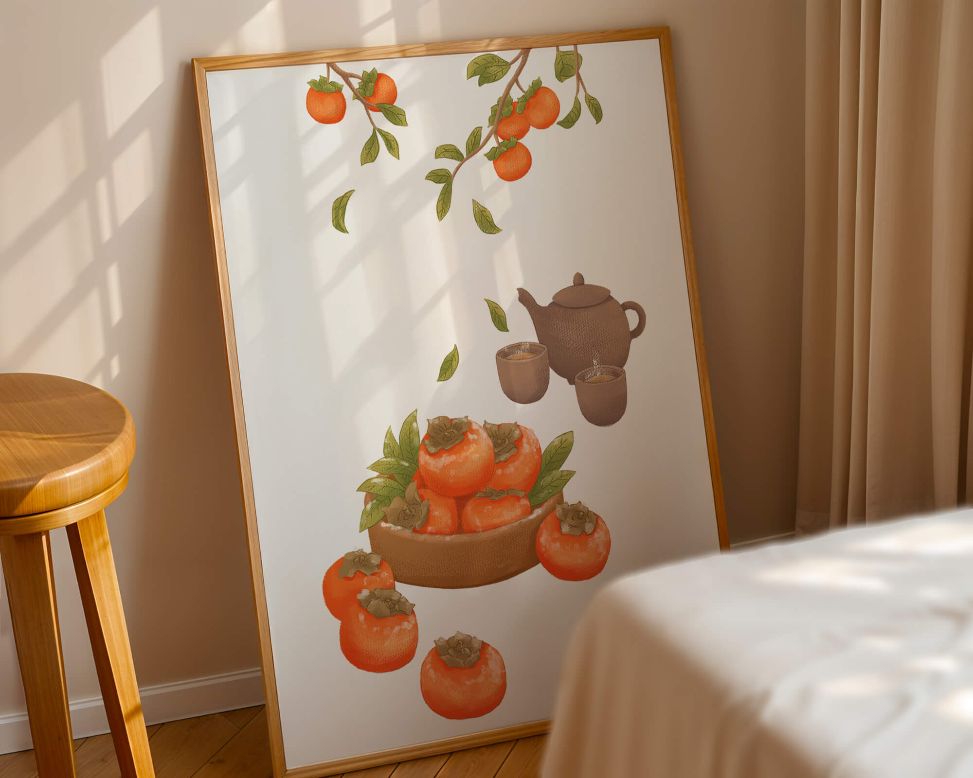 Cozy tea setting with persimmons and branches