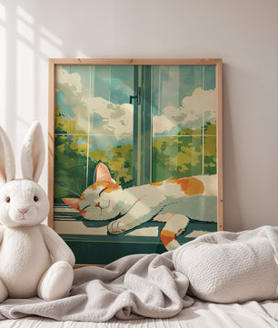 Peaceful Cat Napping by the Window with Sunlit Garden View - Mi tienda