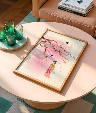 Art chinois traditionnel avec des fleurs de cerisier et une silhouette élégante