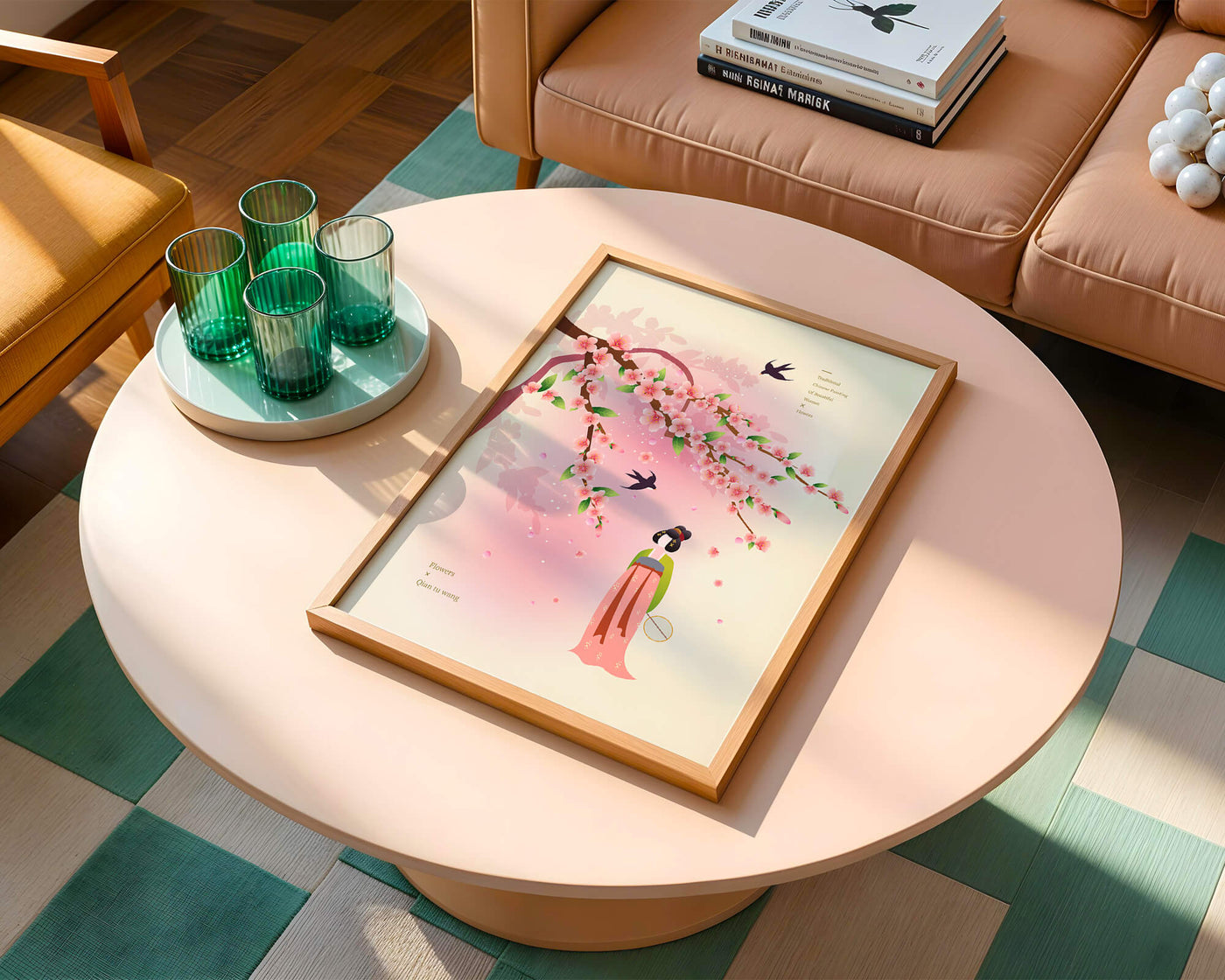 Traditional Chinese art with cherry blossoms and elegant figure