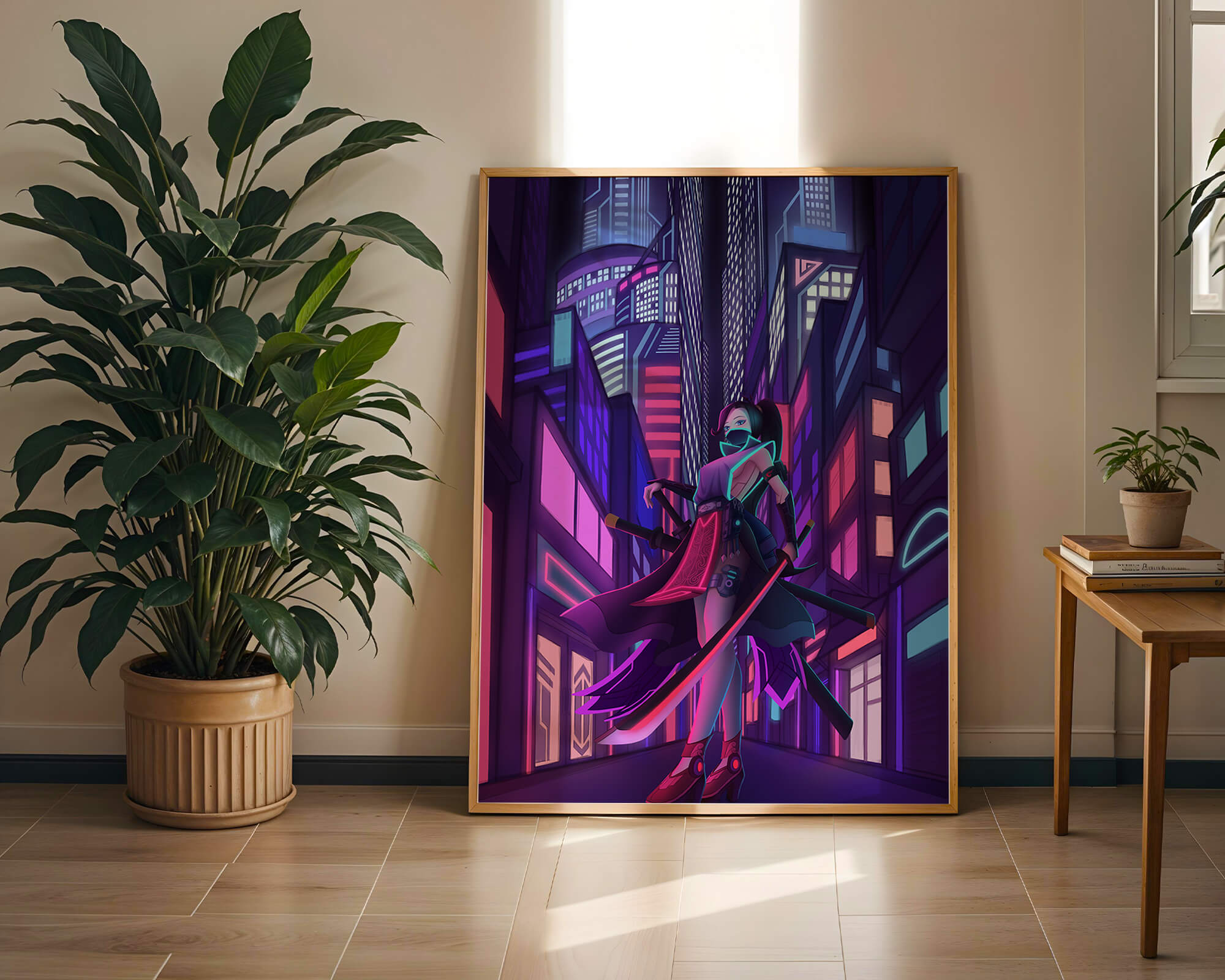Futuristic cyberpunk cityscape with a female character and neon lights