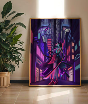 Paisaje urbano futurista de cibercpunk con una protagonista femenina y luces de neón