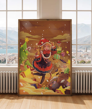 Festive anime character surrounded by gifts and holiday decor