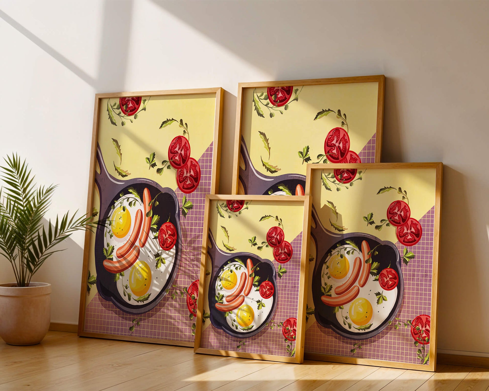 Fried Eggs and Sausages in Pan with Tomatoes and Herbs on Colorful Background