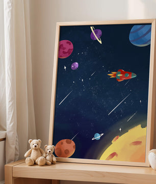Farbenfrohes Weltraumabenteuer mit Planeten und Raketenillustration