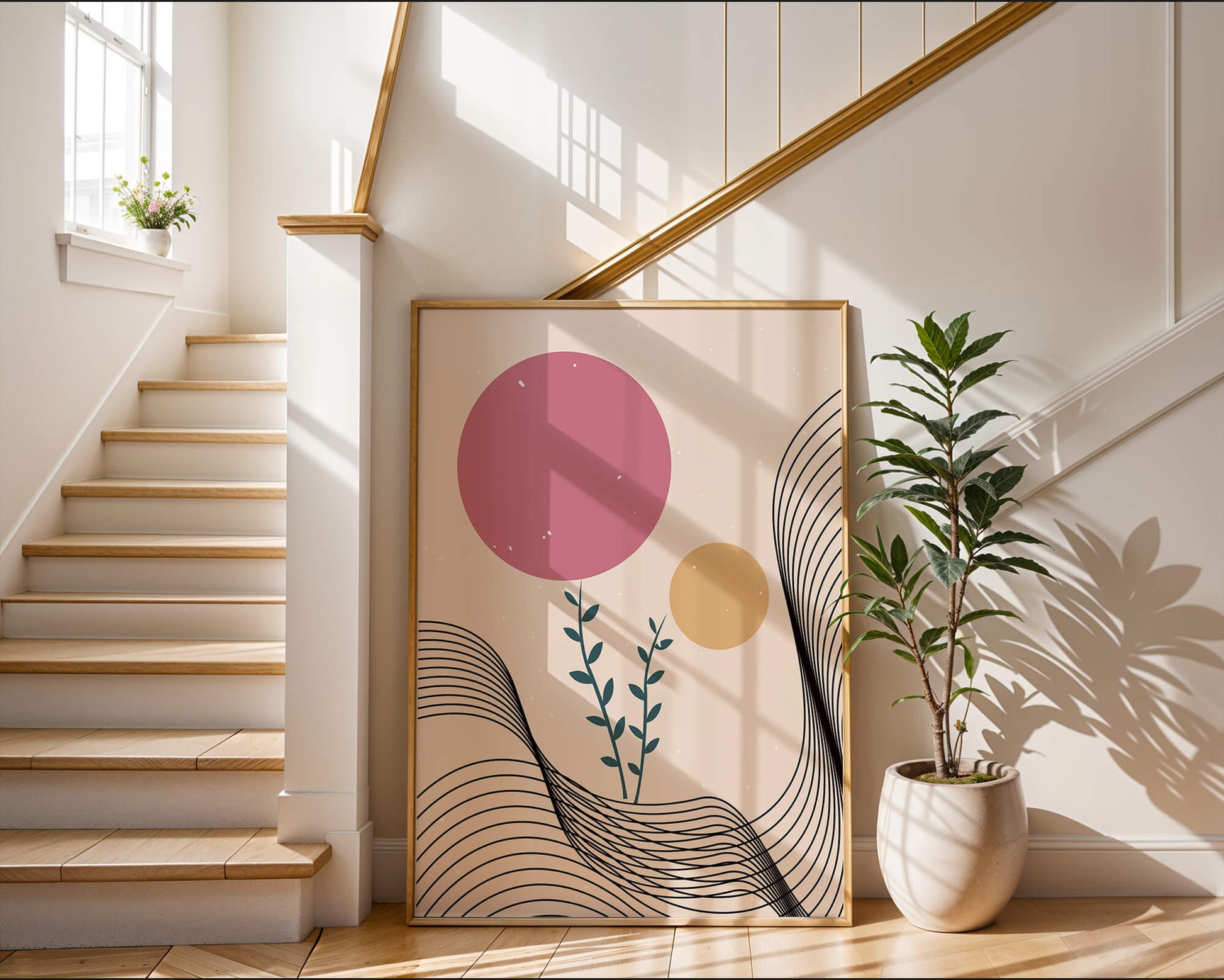 Composition florale abstraite avec des cercles roses et orange sur fond minimaliste
