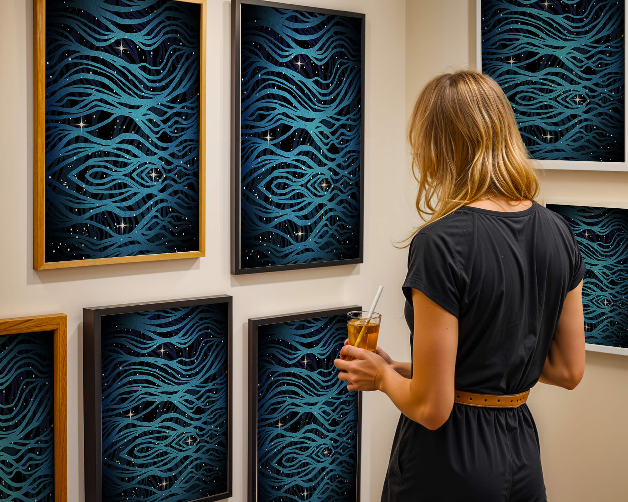Abstract blue wave lines with starry night background