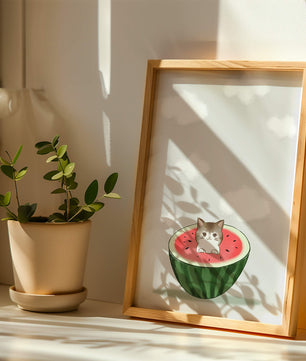 Whimsical art of a kitten in watermelon with clouds
