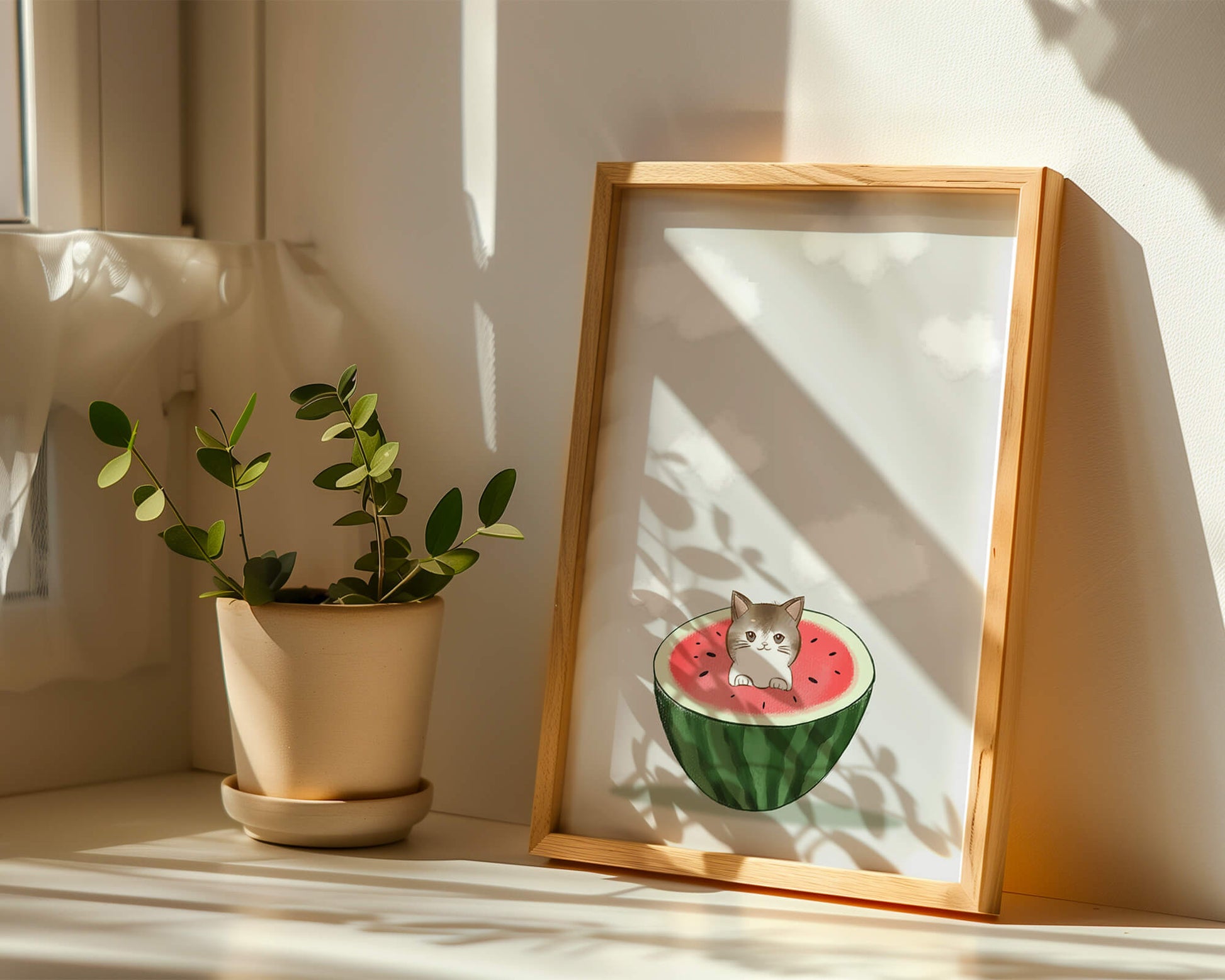Whimsical art of a kitten in watermelon with clouds