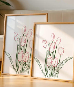 Wunderschöne rosa Tulpen mit grünen Blättern auf einer minimalistischen Leinwand
