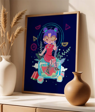 Personnage de dessin animé coloré avec des éléments futuristes